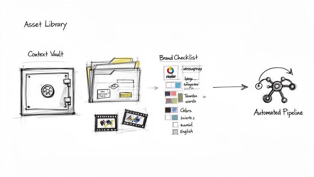 A diagram illustrating an asset library, brand checklist, and automated pipeline for content creation.