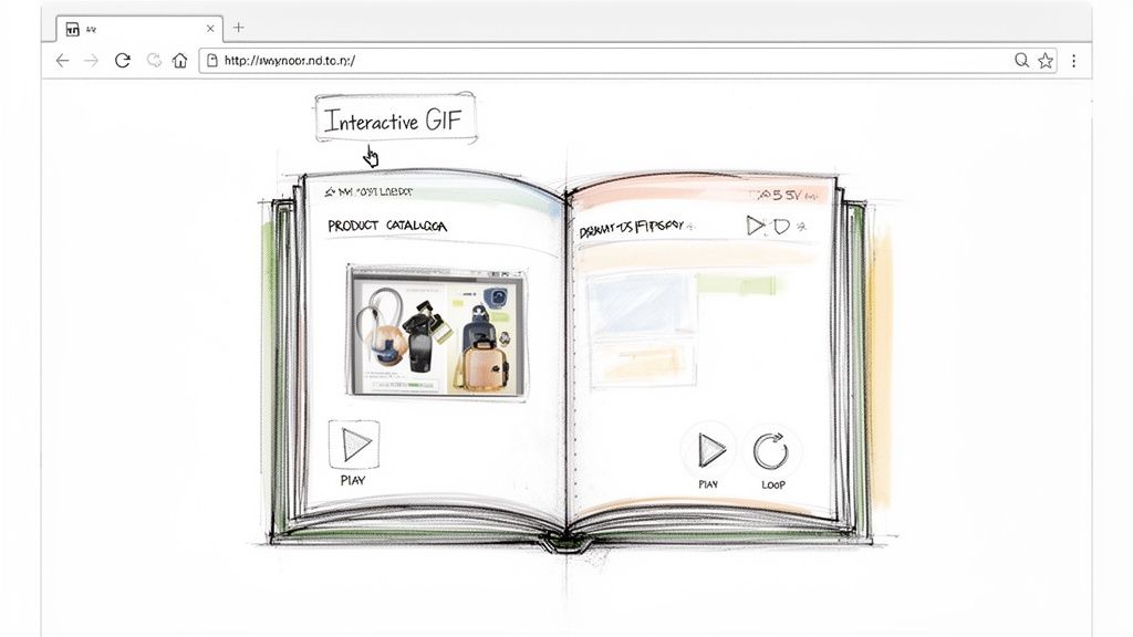 A sketch of a web browser displaying an open book with interactive product catalog content and video playback controls.
