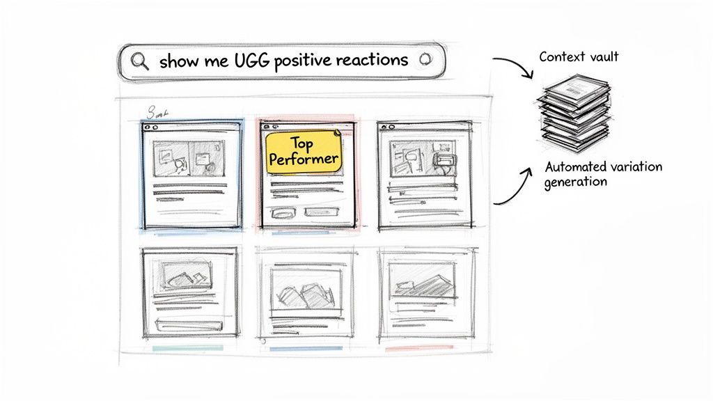 Sketch of a content search interface showing 'UGG positive reactions' query, results, and AI-driven content generation.