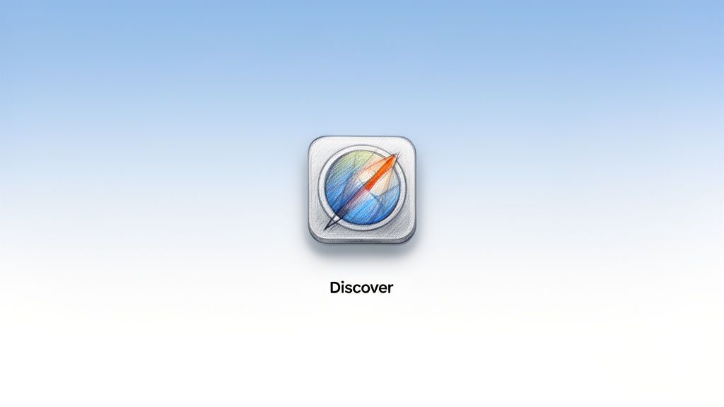 A sketched app icon resembling Safari, labeled 'Discover', against a blue and white gradient background.