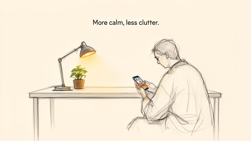 A sketch showing a person using a smartphone at a clean desk with a lamp and plant, illustrating 'More calm, less clutter'.
