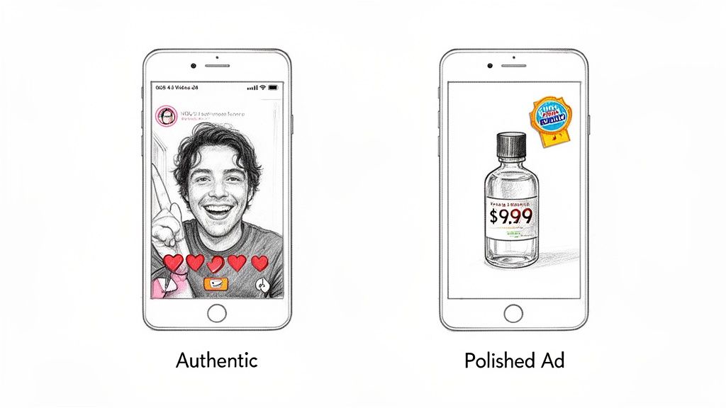 Two smartphone screens contrasting an authentic user-generated content video with a polished product advertisement.