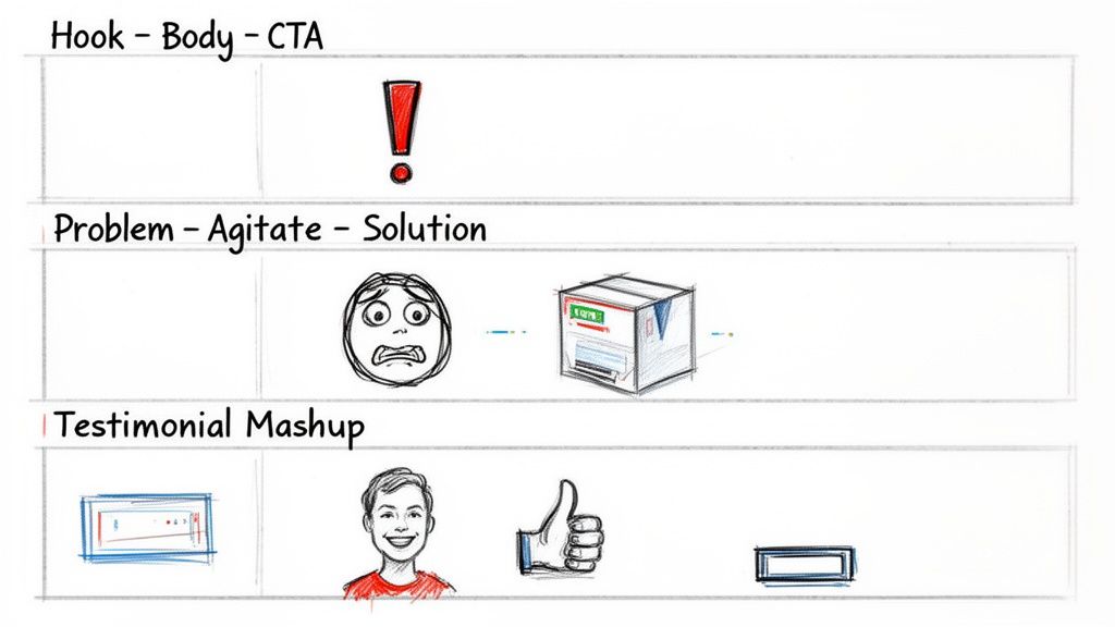 Whiteboard sketches outlining three video content strategies: Hook-Body-CTA, Problem-Solution, and Testimonial Mashup.