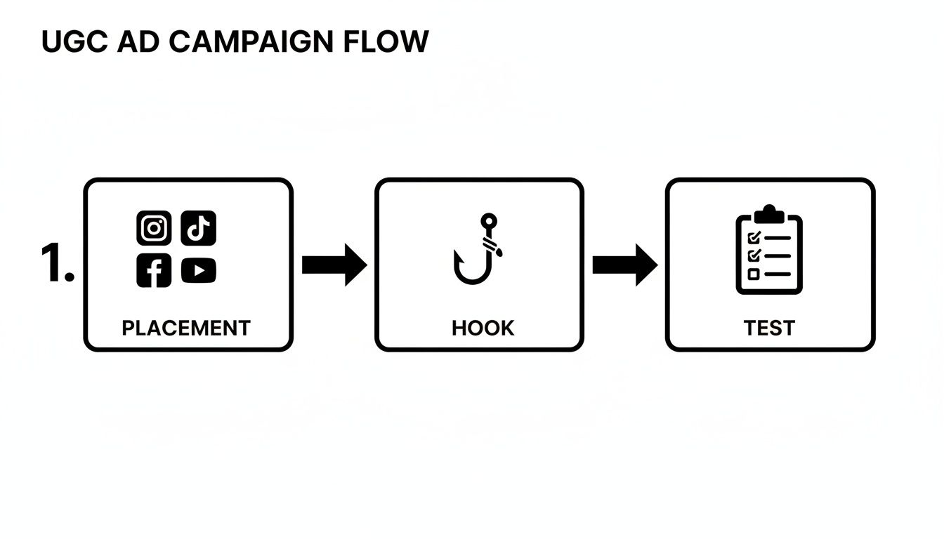 Flowchart illustrating the UGC ad campaign process: placement on social media, creating a hook, and testing.