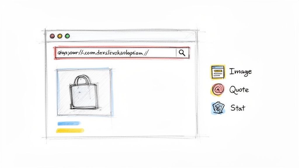 Hand-drawn sketch of a browser window displaying a URL, a shopping bag icon, and content type options.