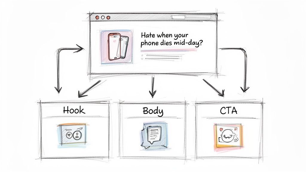 Diagram illustrating content creation structure: a hook, body, and call to action from a main problem statement.