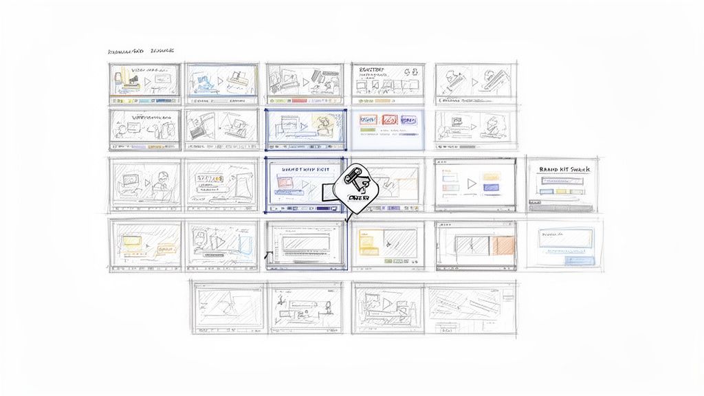 Detailed hand-drawn storyboard sketches illustrating user interface flows for video creation and interaction.