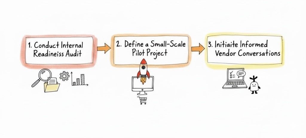 Three-step process flowchart showing internal audit, pilot project, and vendor conversations for implementation