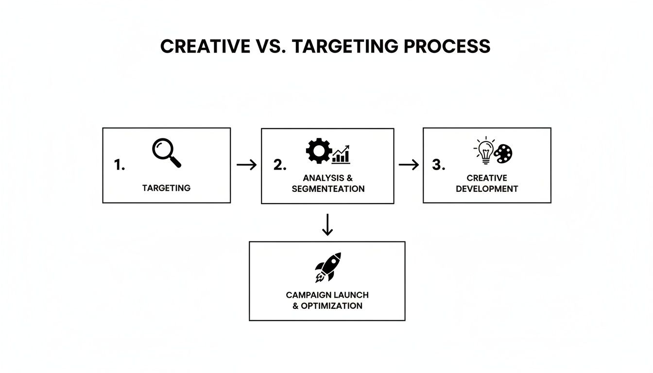 Flowchart illustrating the creative versus targeting process in marketing, with four key steps.