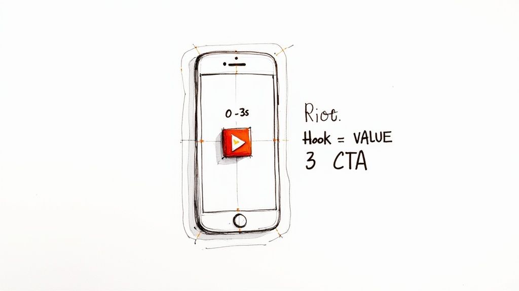 Sketch of a smartphone with a play button, '0-3s' text, and marketing strategy notes: 'Hook = VALUE', '3 CTA'.