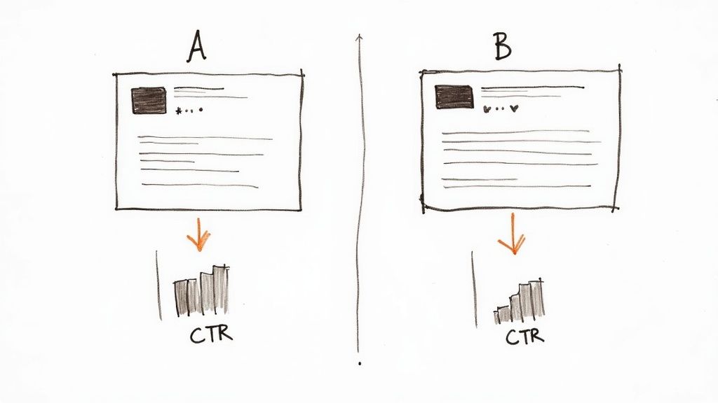 Hand-drawn A/B test of two Facebook ad creatives showing Creative A has higher CTR.
