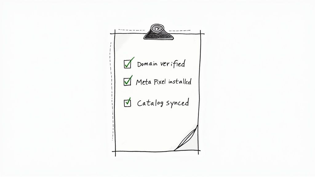 Hand-drawn clipboard checklist with green checkmarks for domain, Meta Pixel, and catalog setup success.