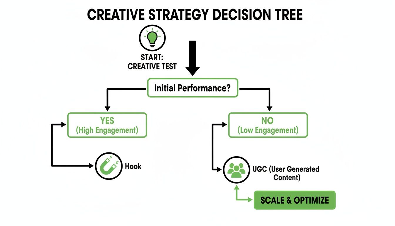 Flowchart illustrating a creative strategy decision tree for testing, engagement, and optimization.