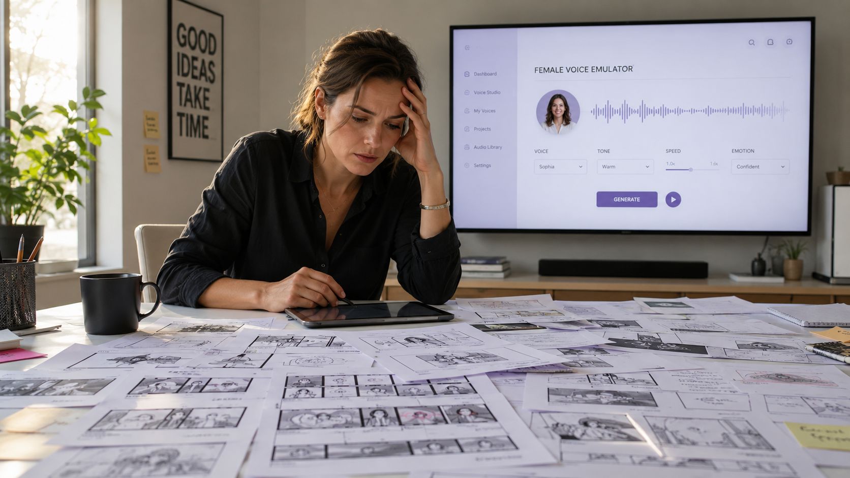 A focused woman working at her desk with storyboards while using a digital female voice emulator interface.