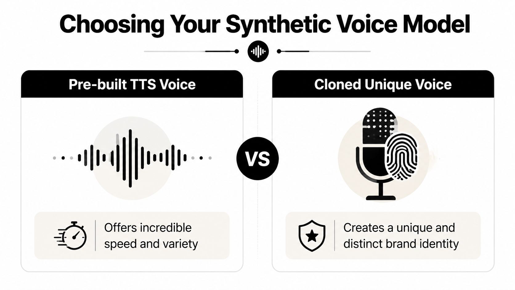 A comparison graphic between pre-built TTS voices offering speed and variety versus cloned unique voices for branding.