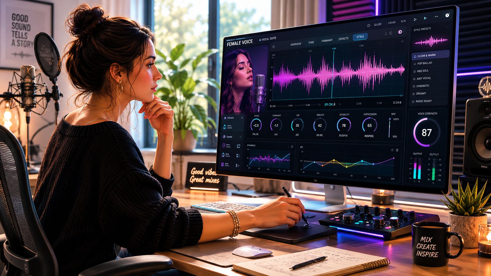 A woman working at a computer desk using professional audio software to edit a female voice recording.