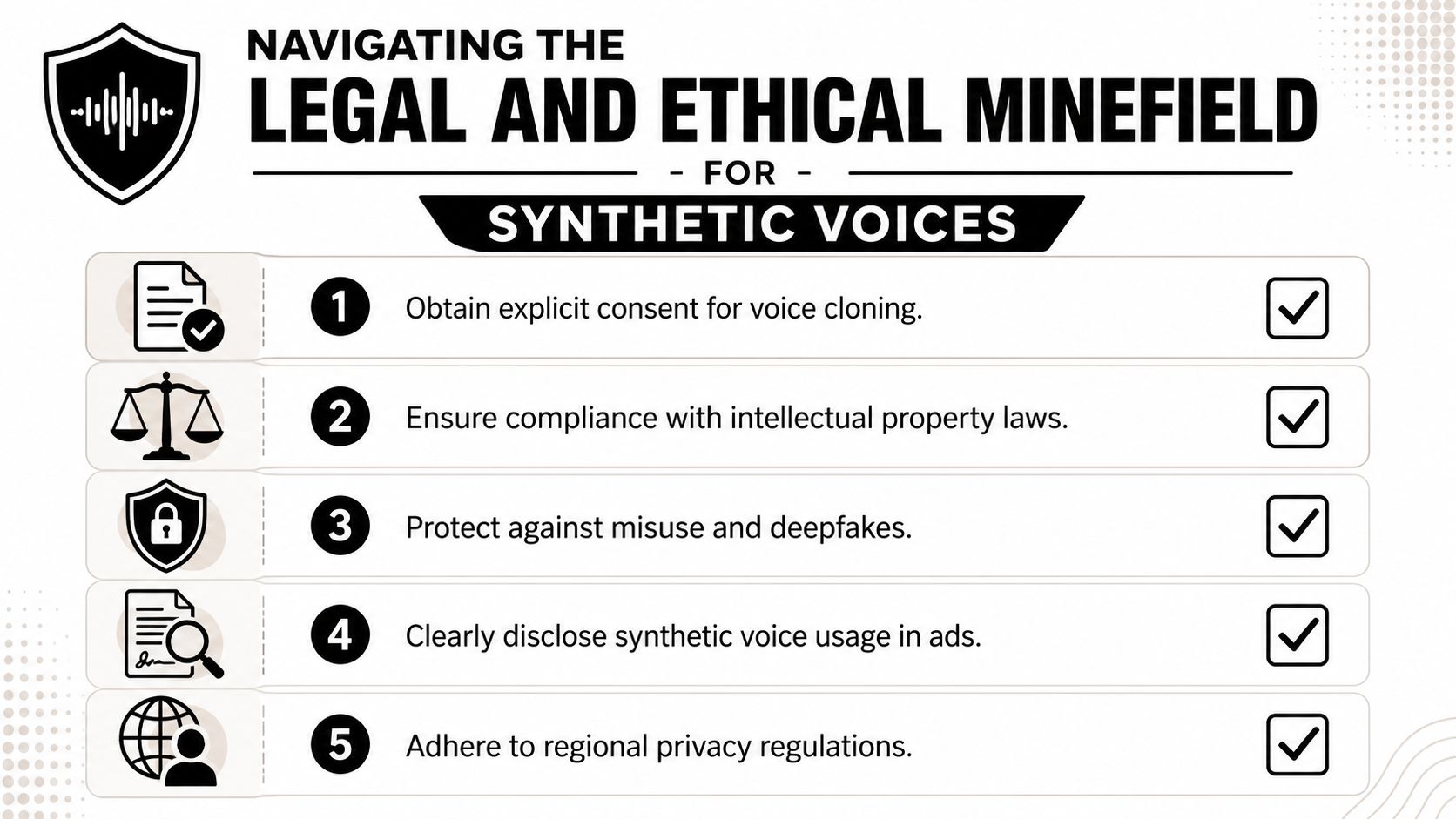 A checklist infographic titled Navigating the Legal and Ethical Minefield for Synthetic Voices with five key guidelines.