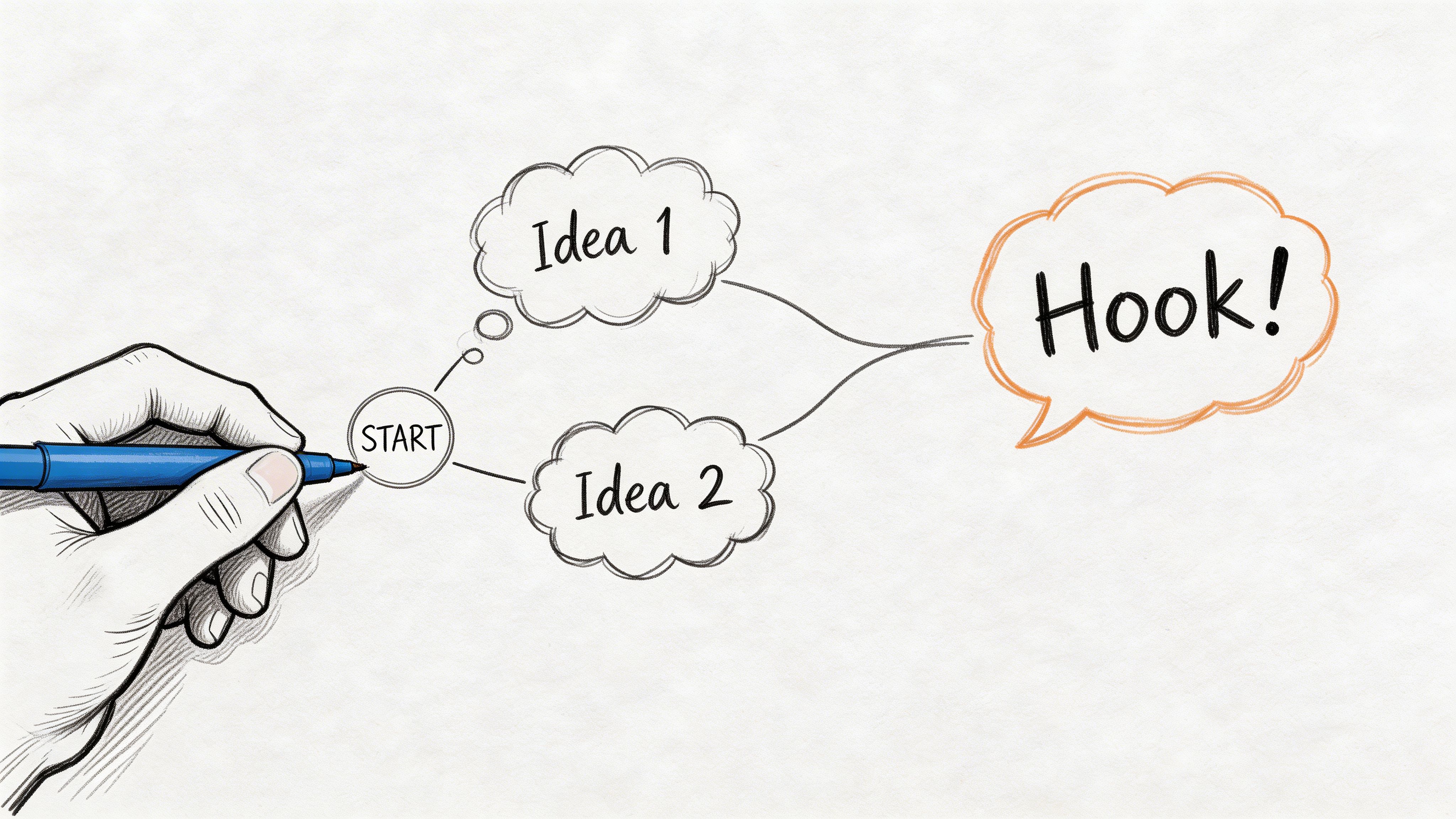 A hand drawing a process map connecting start, two ideas, and a final hook on paper.