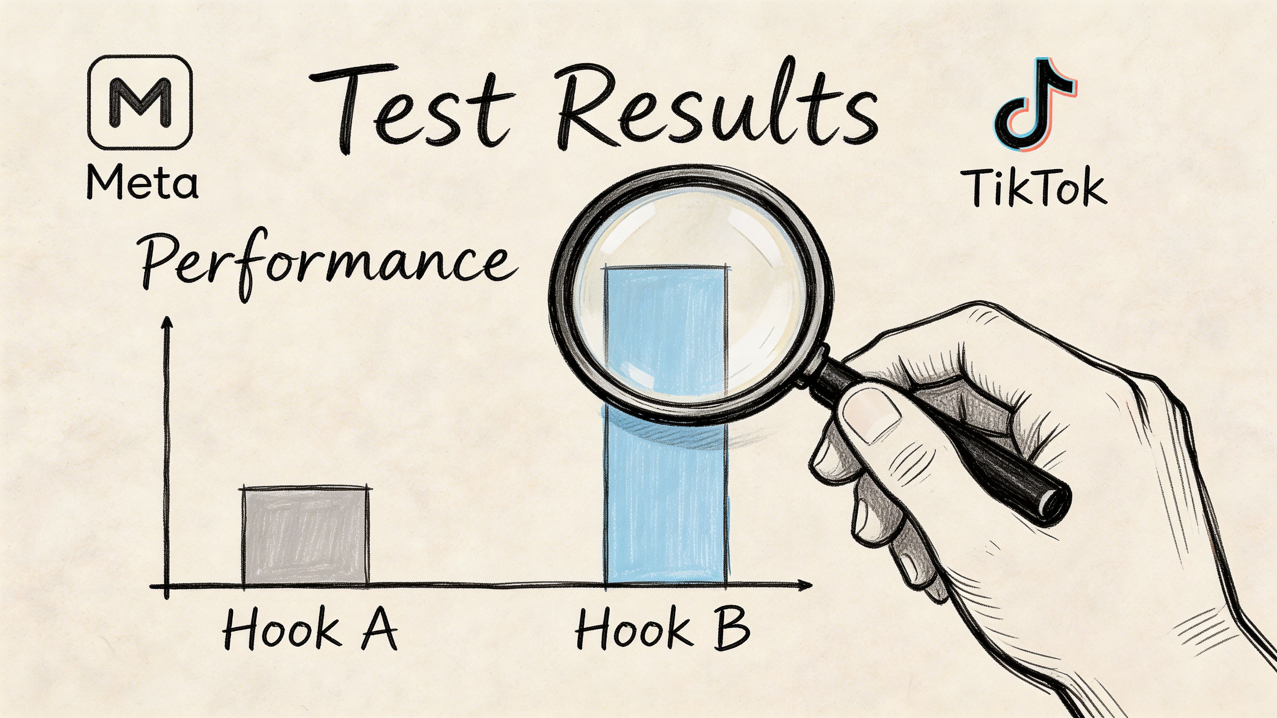 An illustration showing a bar graph comparing Hook A and Hook B performance with a magnifying glass.