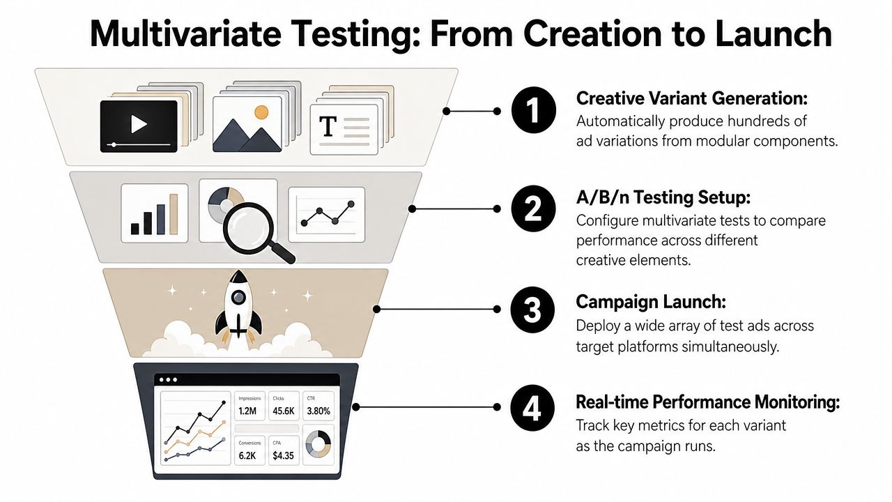 A four-step funnel diagram illustrating the multivariate testing process for digital advertising campaigns from creation to launch.