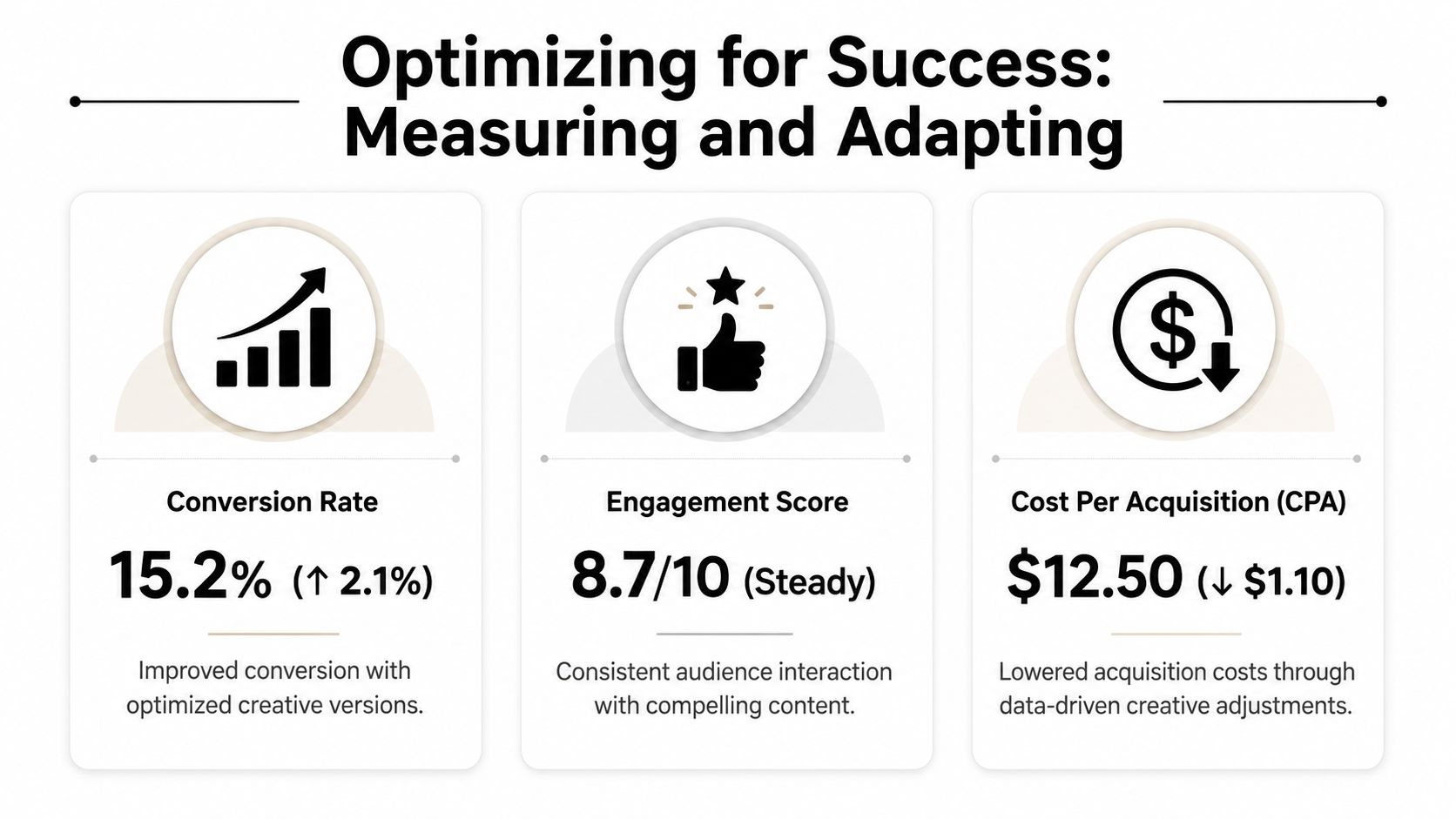 An infographic displaying three performance metrics: conversion rate, engagement score, and cost per acquisition.