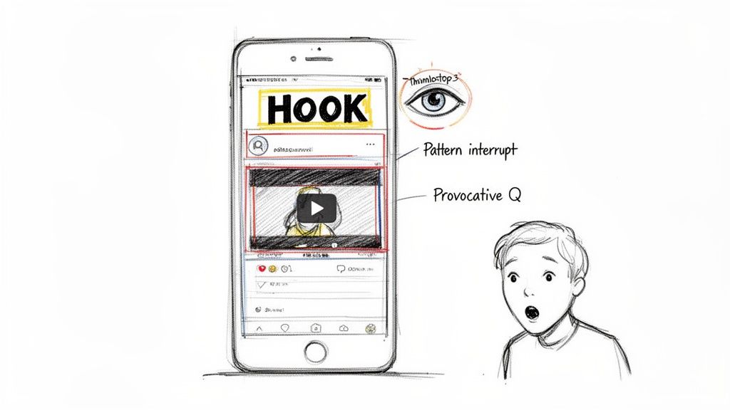 Illustration of a smartphone displaying a video ad with 'HOOK', 'Pattern interrupt', and 'Provocative Q' strategies, next to a surprised person.