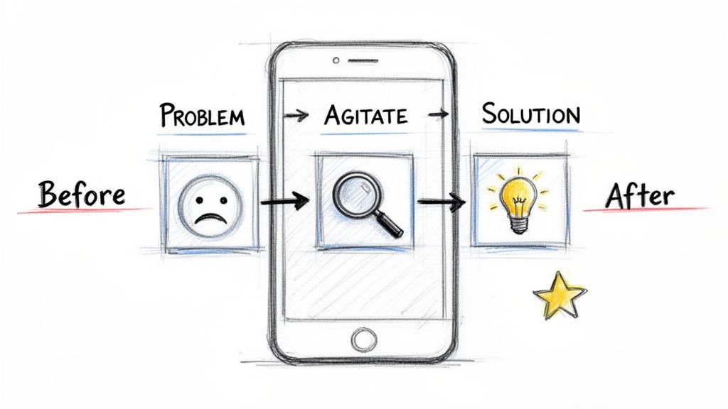 Sketch of a smartphone showing a problem, agitation, and solution marketing process.