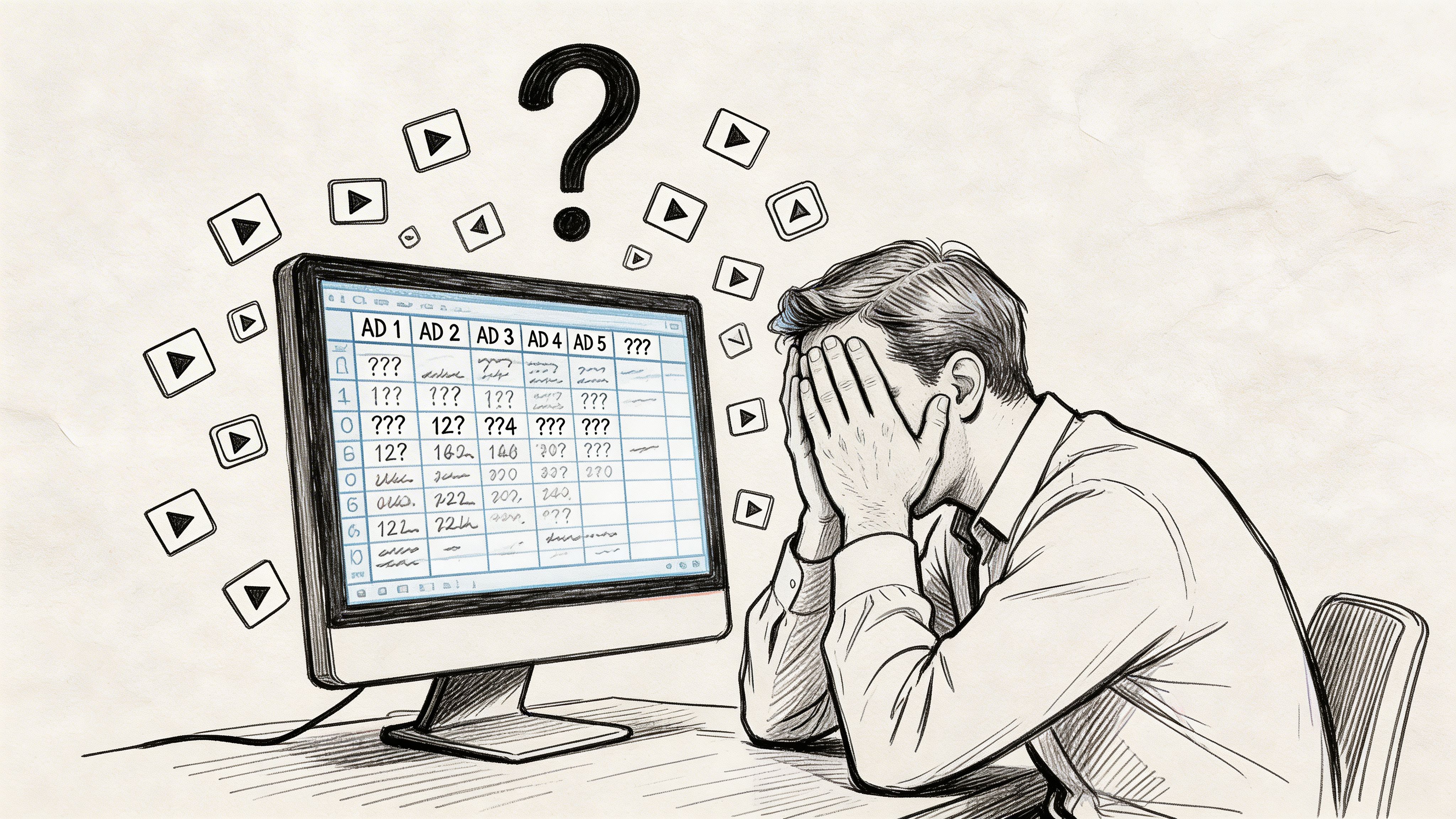 A frustrated professional covering his face while looking at a computer screen filled with confusing advertisement metrics.