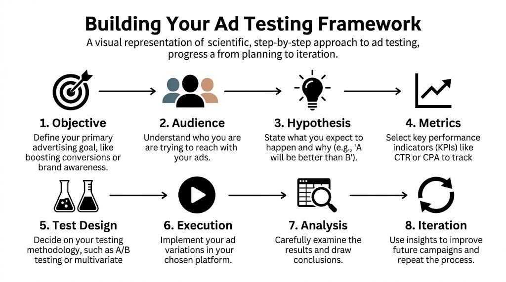 A visual flow chart illustrating an eight-step scientific framework for successfully building and managing ad testing campaigns.