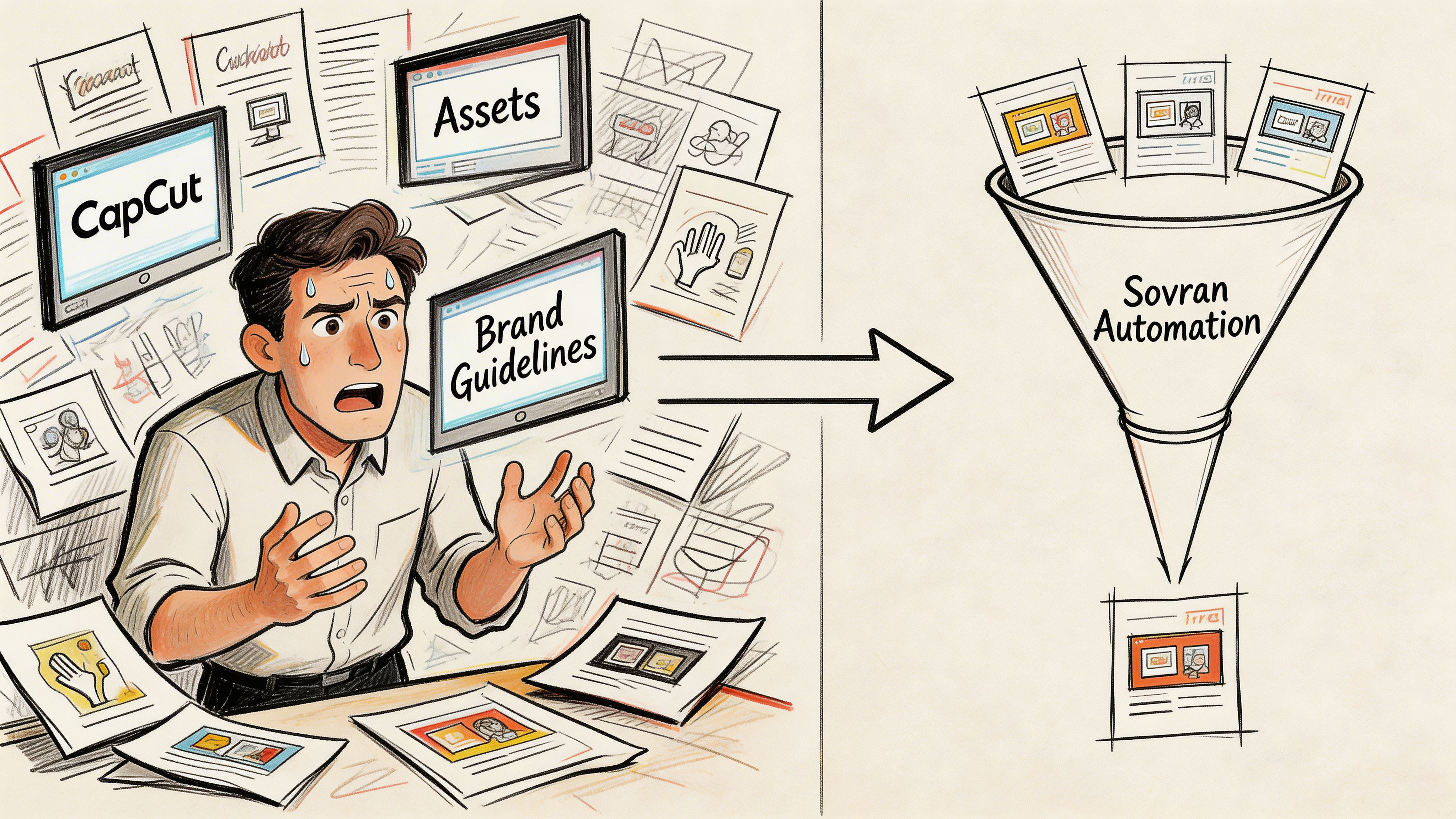 A stressed man juggling various digital assets and guidelines transitioning into a simplified Sovran Automation funnel process.