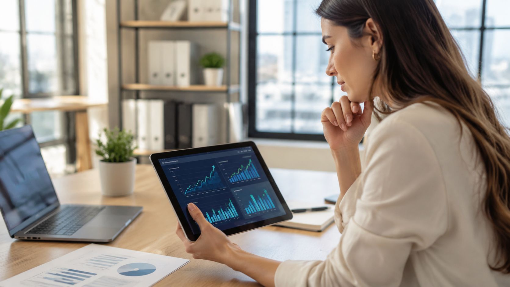 A professional woman reviews financial data charts on a tablet while working at an office desk.