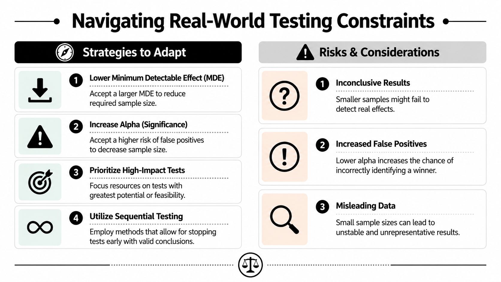 An infographic titled Navigating Real-World Testing Constraints showing strategies to adapt and associated risks in testing.