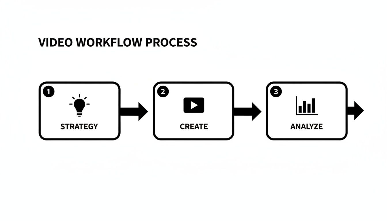 A three-step video workflow process diagram showing strategy, create, and analyze phases.
