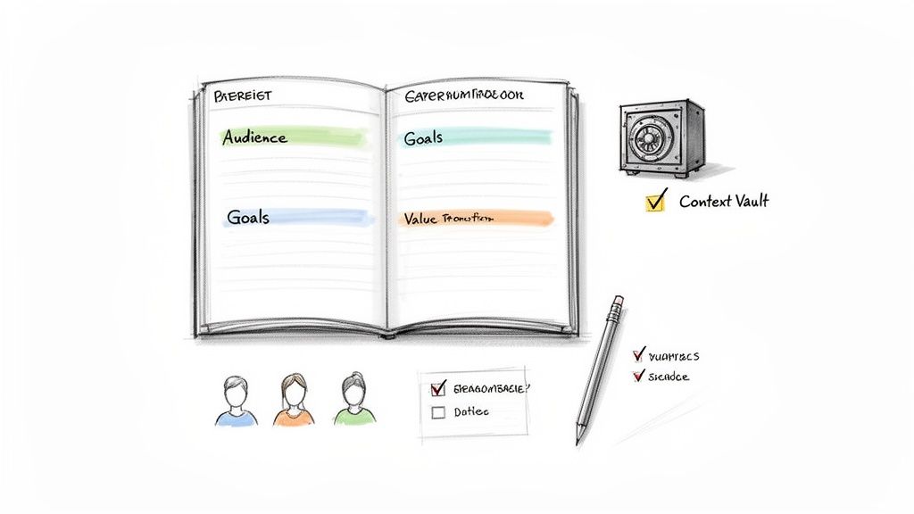 A hand-drawn diagram illustrating a marketing or content strategy, with an open notebook, safe, and people.