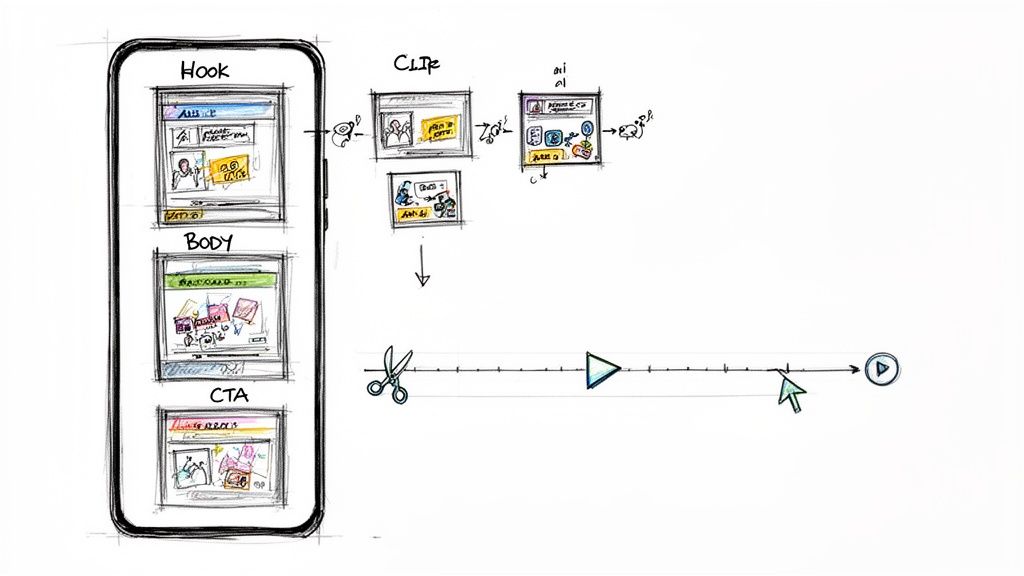 A hand-drawn diagram showing mobile video creation steps: content structuring, clip generation, and timeline editing.