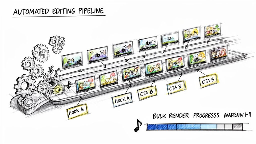 An automated video editing pipeline processing multiple video segments, including hooks and calls to action, with bulk render progress.