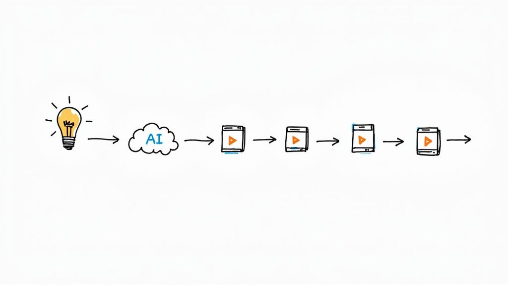 Hand-drawn diagram showing an idea transforming into multiple videos using artificial intelligence.