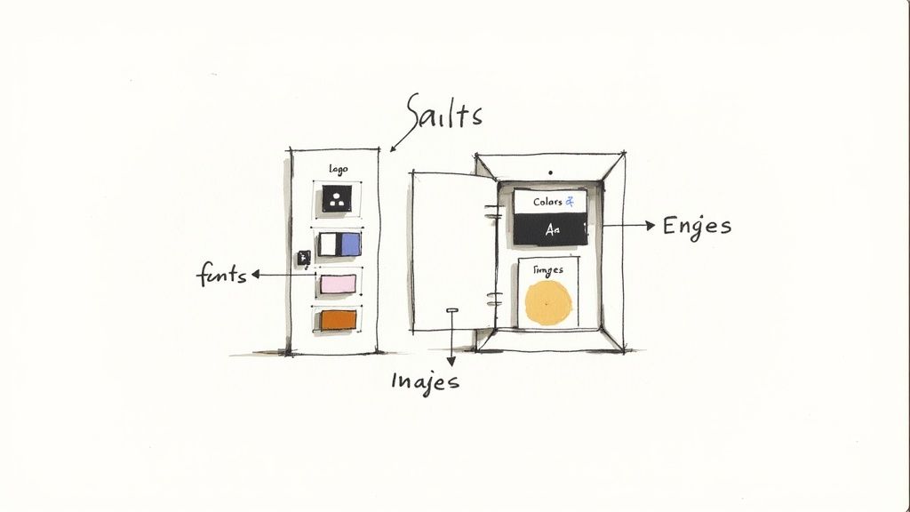 A hand-drawn diagram illustrating a design system with cabinets for logos, fonts, colors, and images.