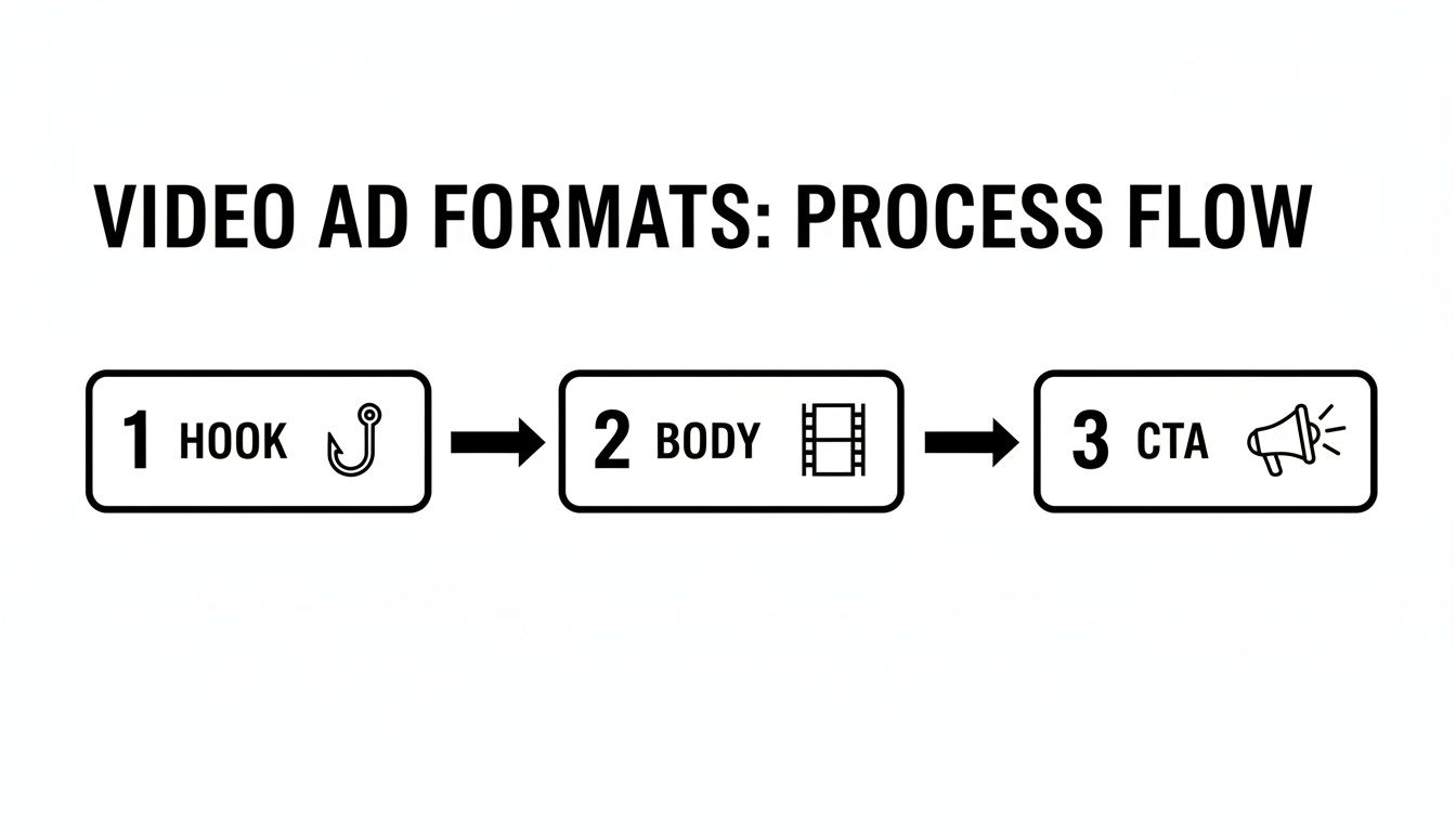 A diagram illustrating the three-step process for video ad formats: Hook, Body, and CTA.