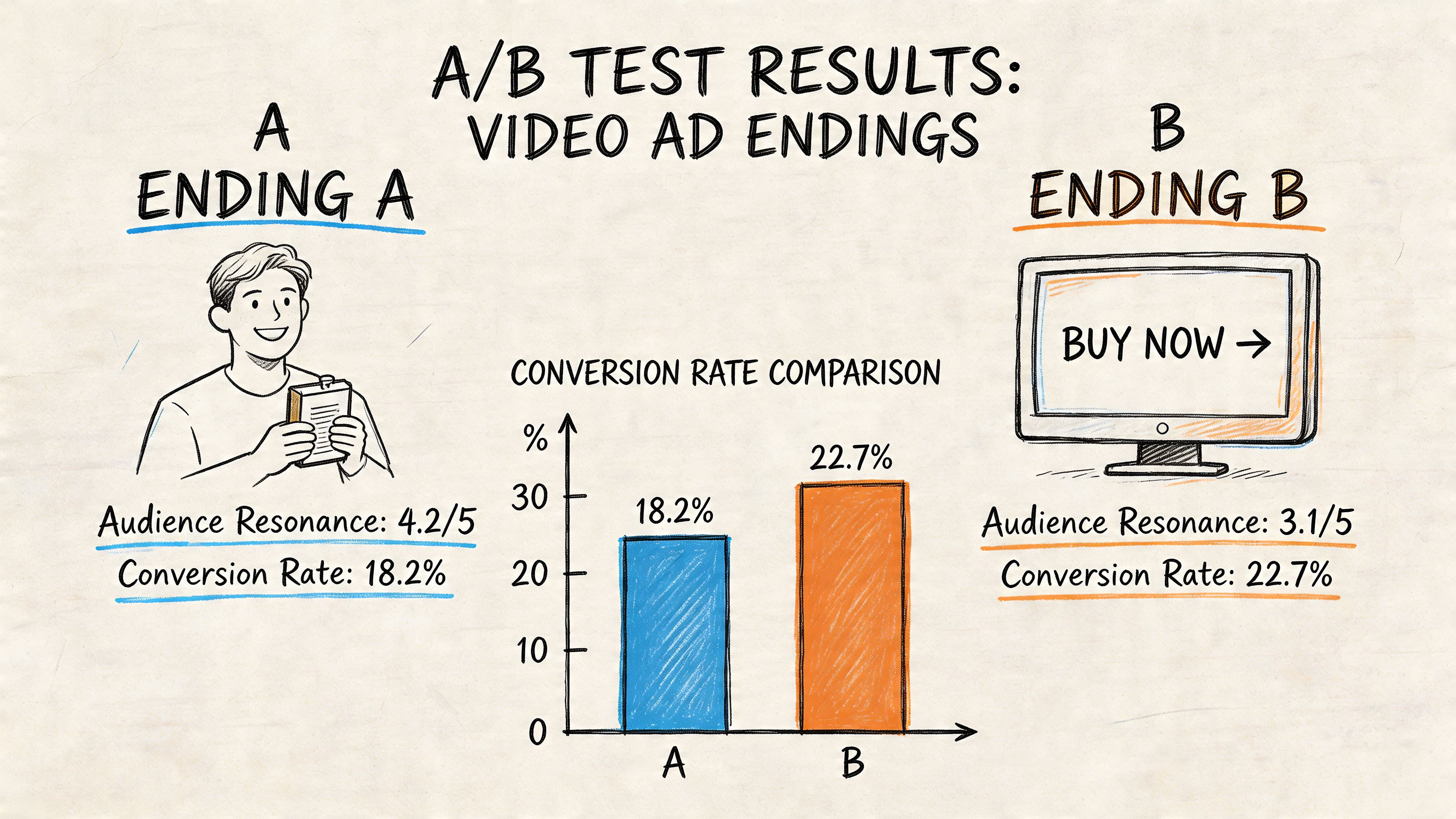 A hand-drawn comparison chart showing that video ad ending B has a higher conversion rate than A.