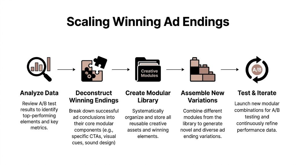 A five-step flowchart illustrating a process for scaling successful video ad endings through systematic testing and modular assembly.