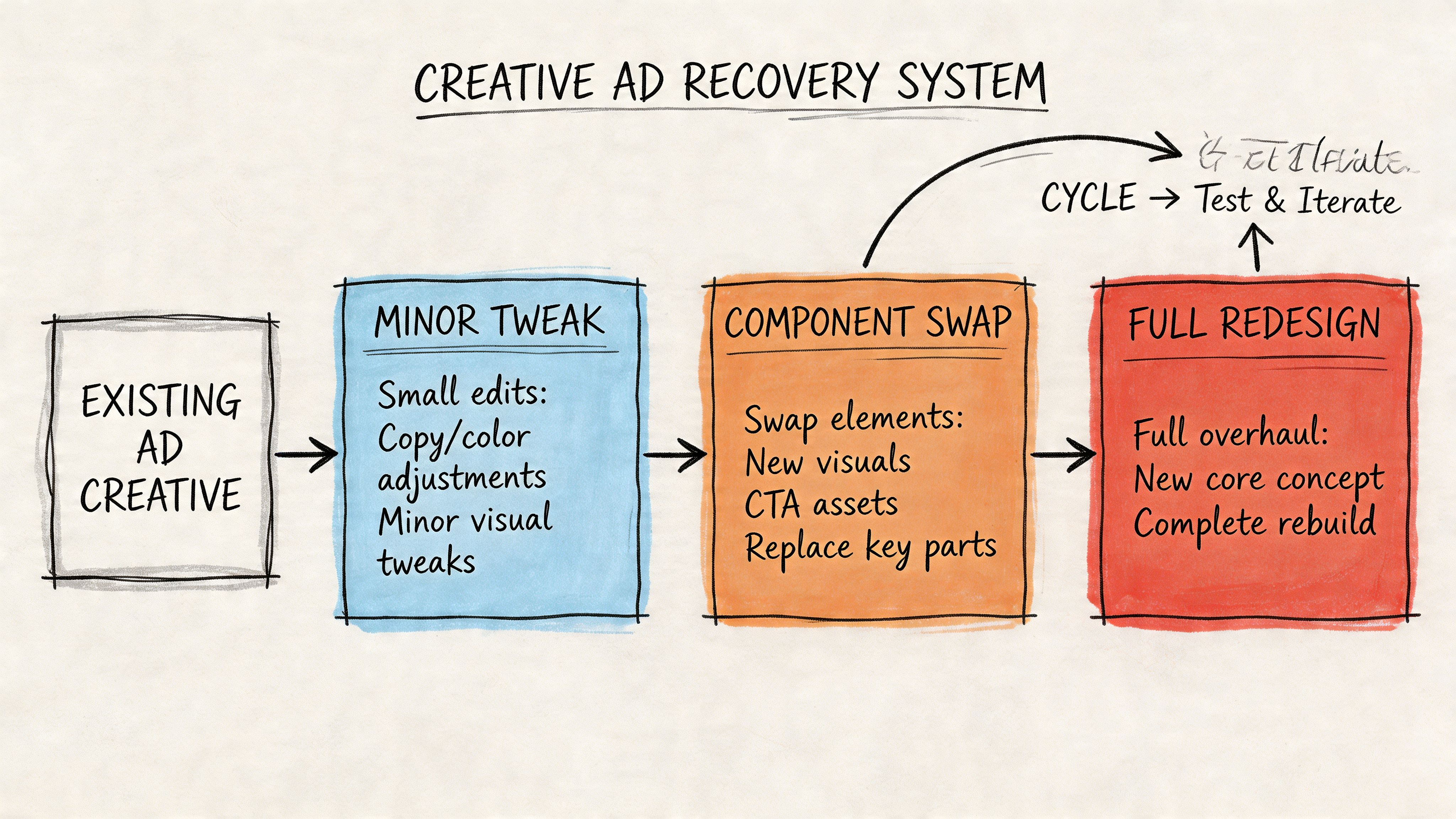 A diagram illustrating the Creative Ad Recovery System process with three stages: minor tweak, component swap, and full redesign.