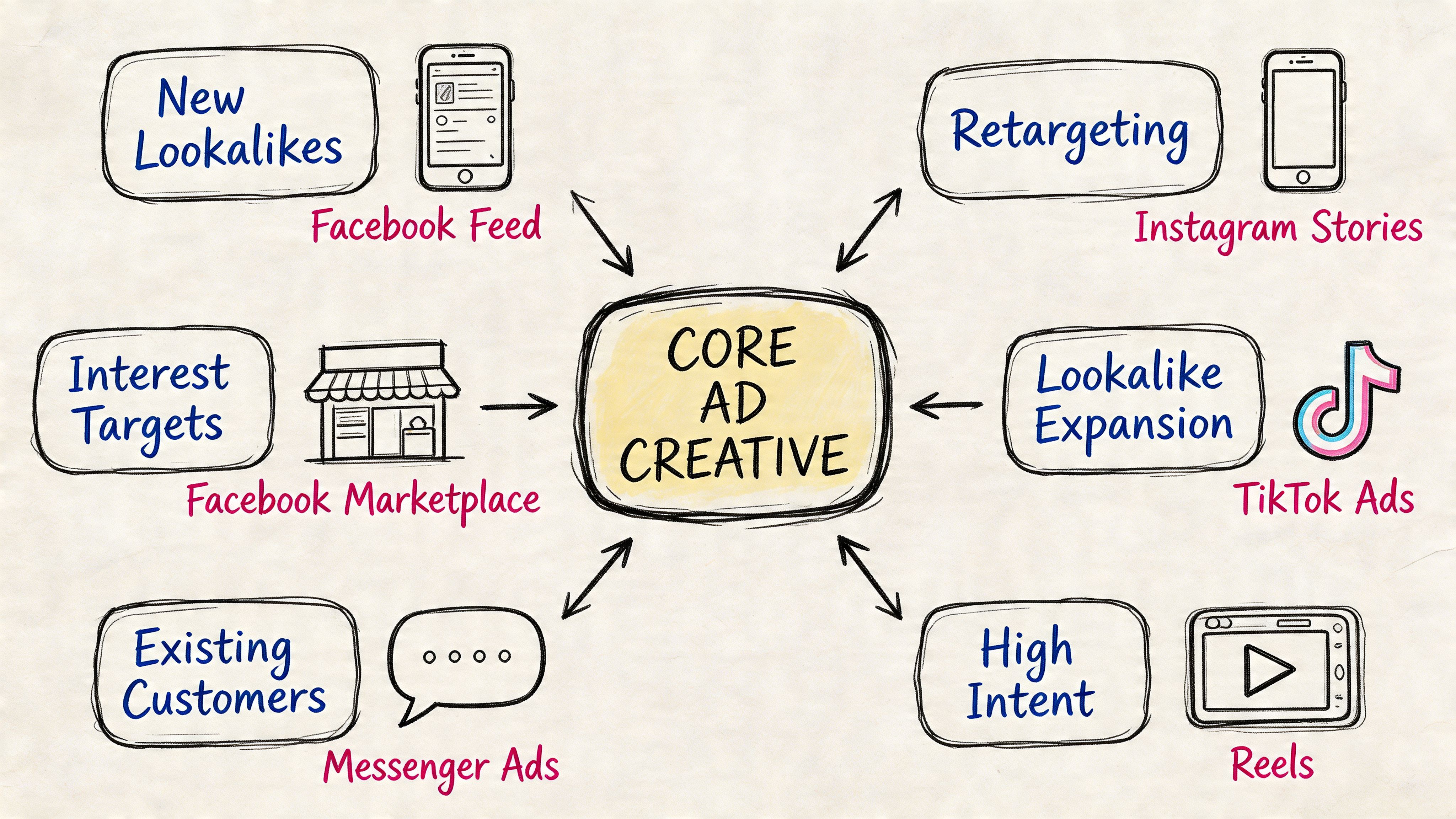 A hand-drawn diagram illustrating the central role of core ad creative in various digital marketing strategies.