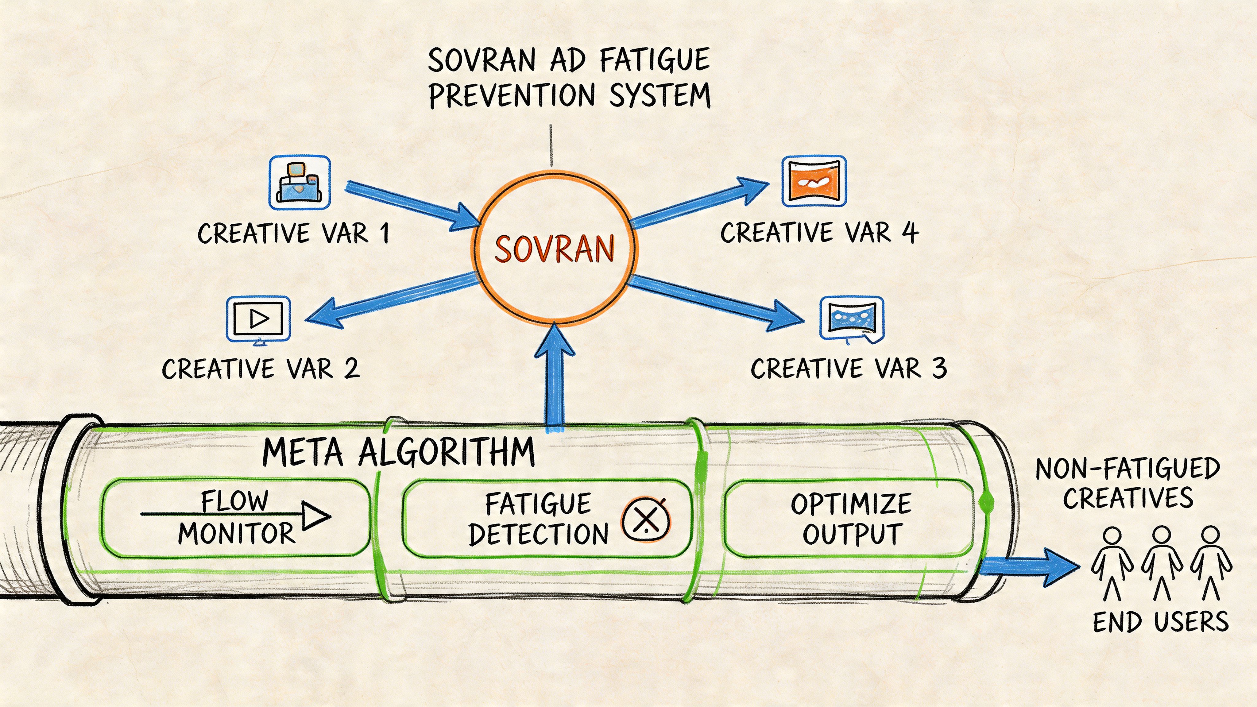 A diagram illustrating the Sovran ad fatigue prevention system, showing how it manages meta algorithm creative variables.