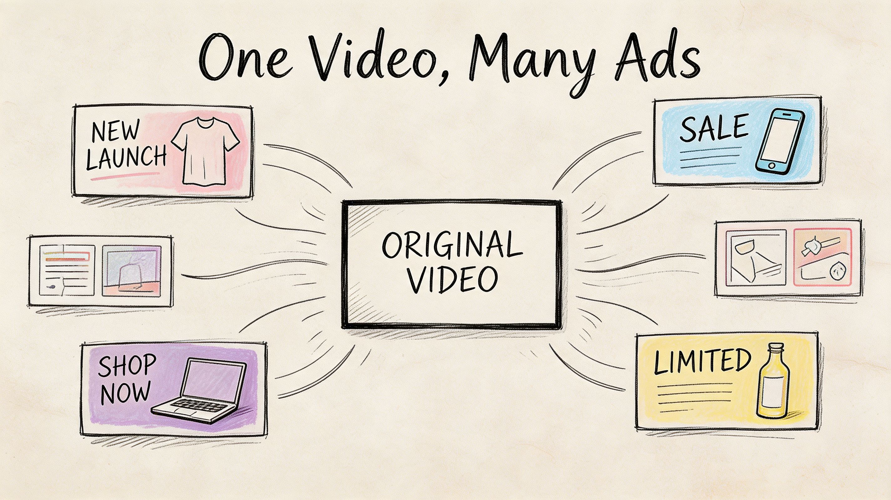 A diagram illustrating one central original video connecting to five different diverse advertising variations.