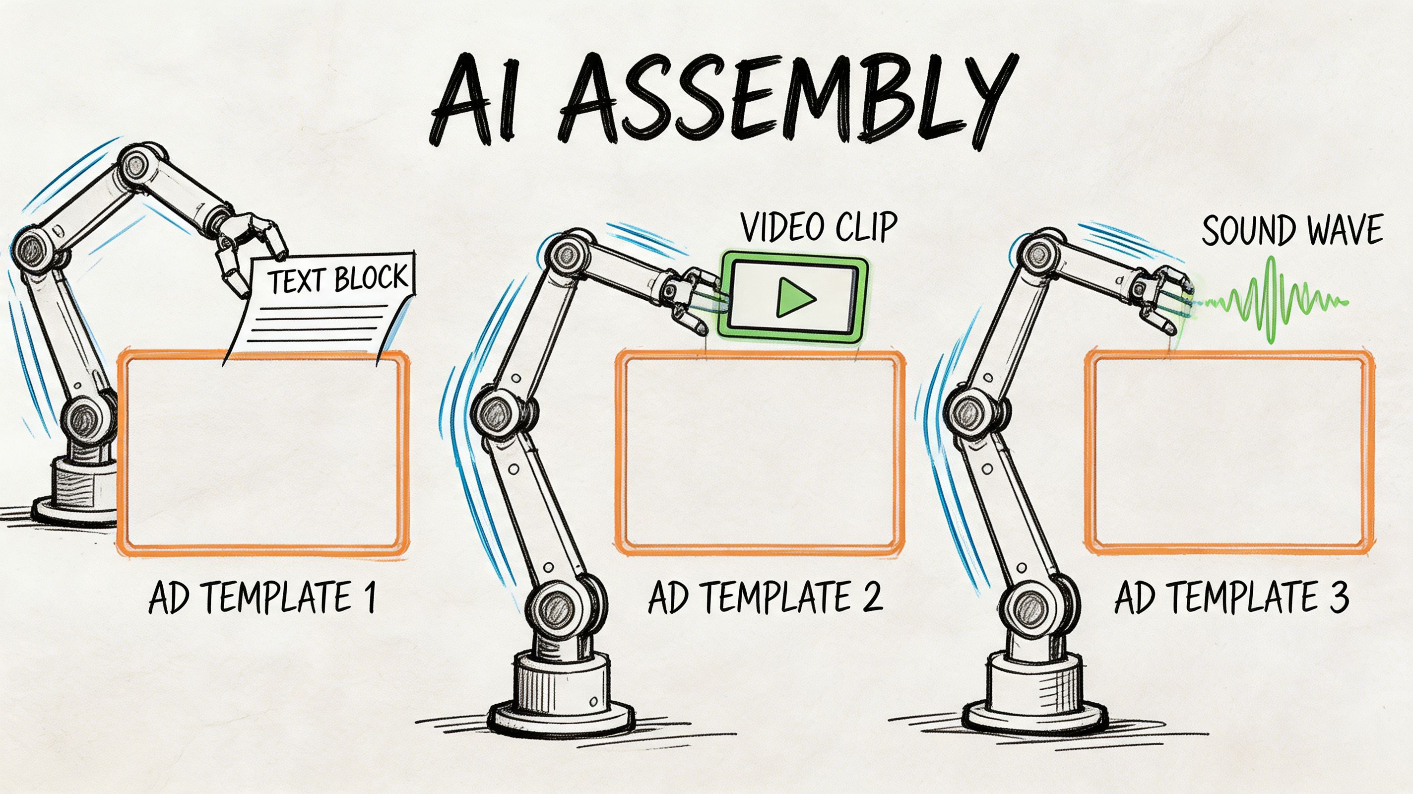 Three robotic arms assembling different marketing components onto ad templates to illustrate automated creative production.