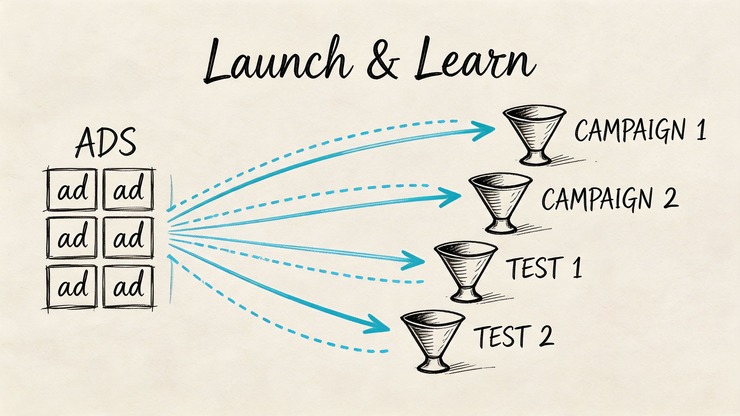 A hand-drawn diagram illustrating a Launch and Learn process where six individual advertisements flow into four funnels.