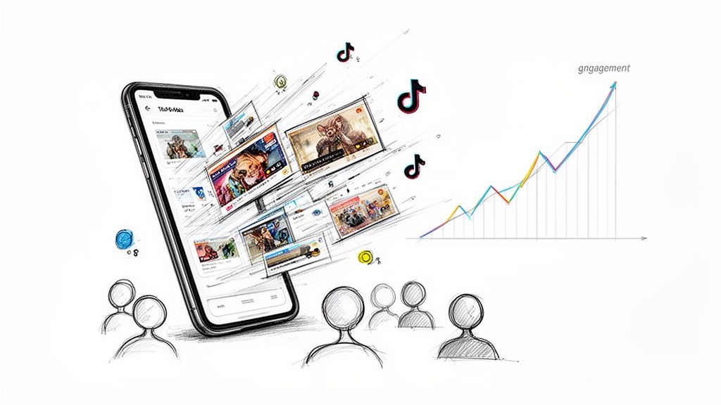 Digital marketing concept showing videos on a phone, TikTok, audience, and rising engagement.
