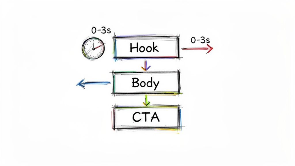 A flowchart illustrates video content structure: Hook (0-3s), Body, and Call To Action (CTA).