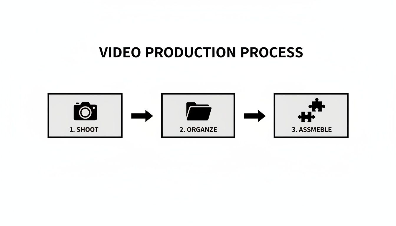 A diagram illustrating the three-step video production process: shoot, organize, and assemble.